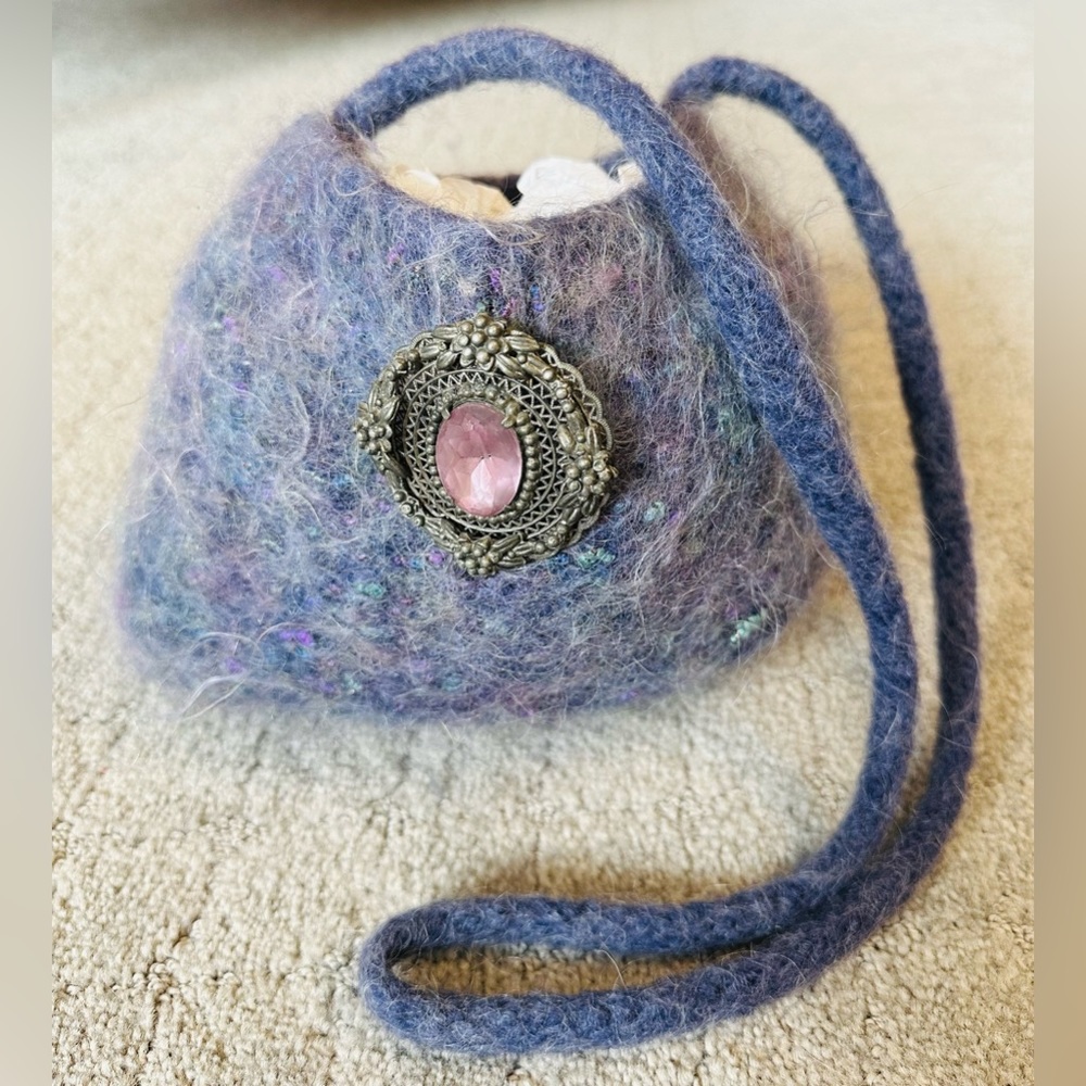 Hand knit, felted lavender handbag with specks of turquoise & glitter. Like new.